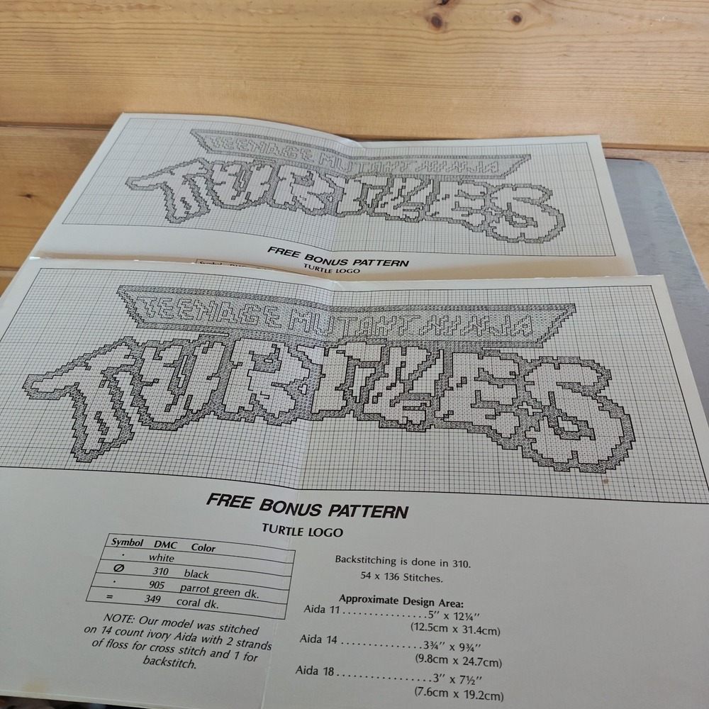 Set of 2 Vintage 1990 TMNT Ninja Turtles Cross-Stitch Turtle Power Cowabunga F3 - Picture 8 of 10